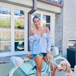 Stripped gray and white off the shoulder blouse